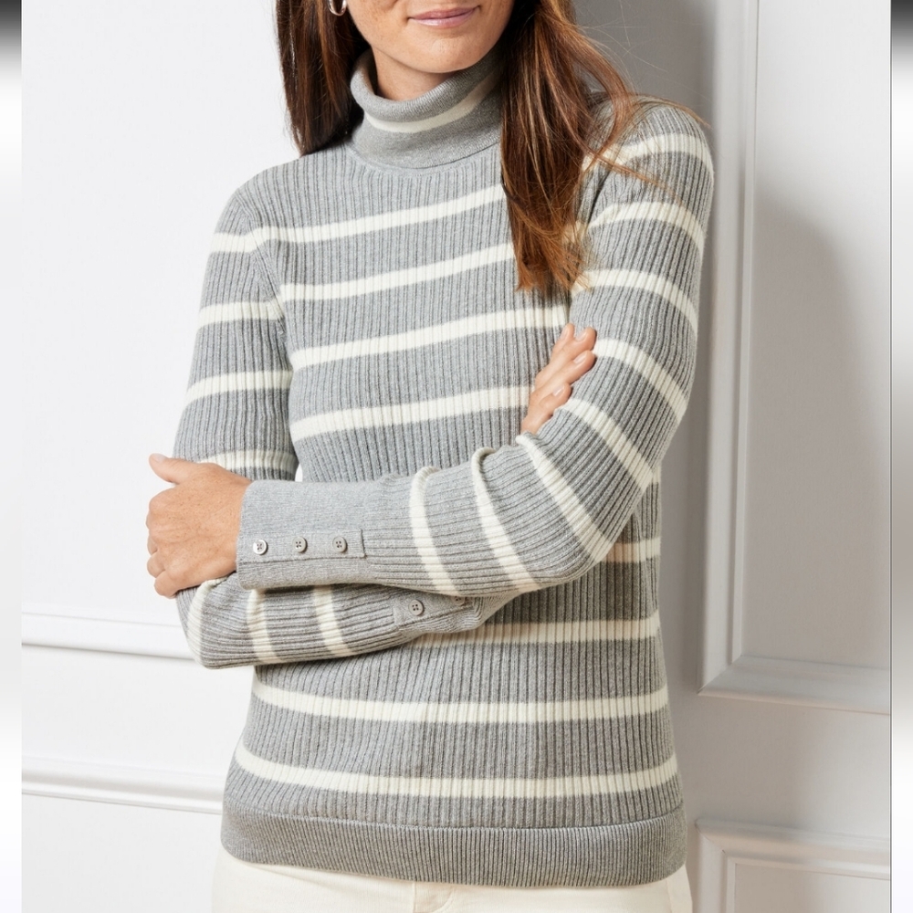 Talbots Gray and White Ribbed Turtleneck Metallic Stripe Sweater 1X Plus